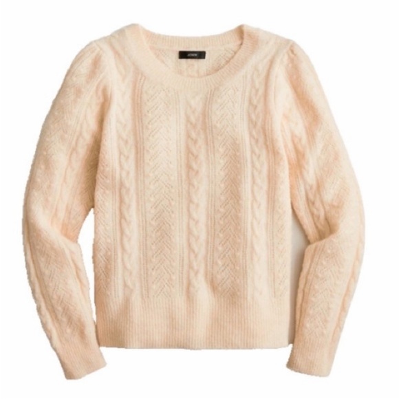 J Crew Pointelle cable knit crewneck sweater puff sleeve cream merino wool Sz L - Picture 1 of 14